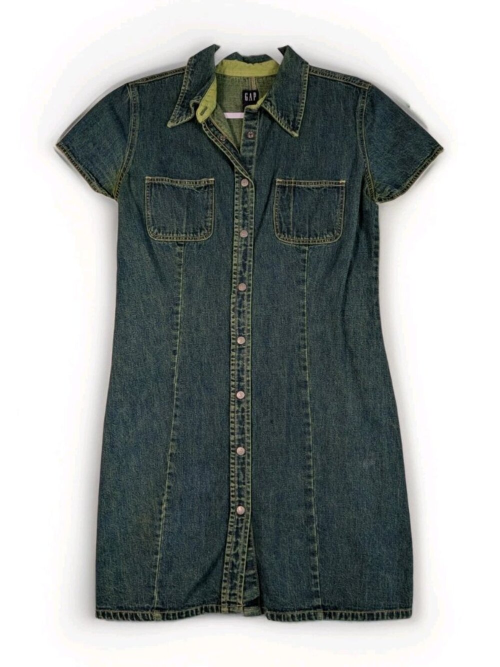 Vintage Gap Denim Shirt Dress Green Acid Wash Snap Front Sz 12 90s Y2K Mini